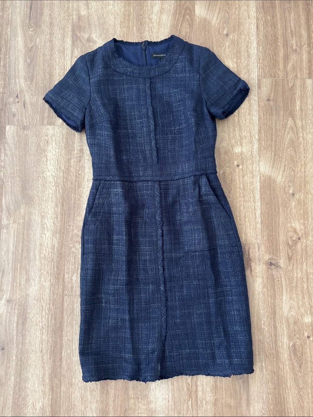 Banana Republic Navy Tweed Short-Sleeve Sheath Dress with pockets